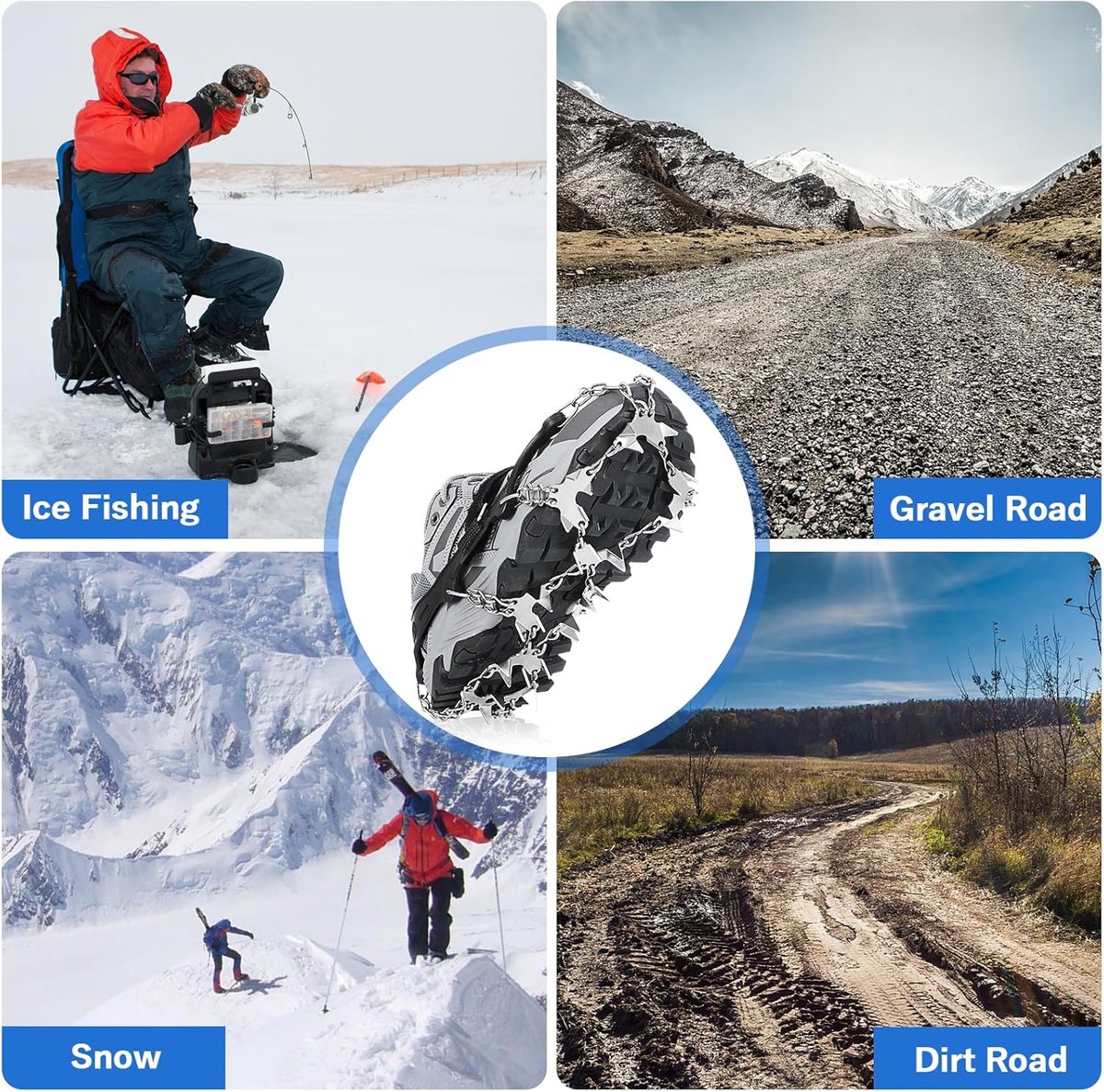 Candala 32 tanden antislip sneeuw- en ijsknoppen tractie handgrepen met ketting van roestvrij staal voor wandelen bergbeklimmen sneeuw ijs activiteiten Zilver