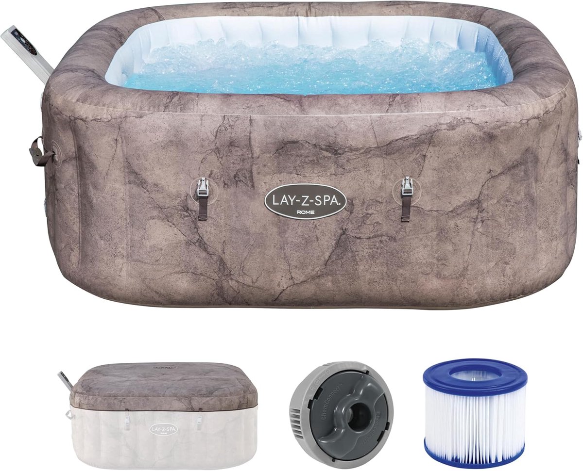 Opblaasbare Jacuzzi – Industrial Home Luxury SpaMax EnergySense™ AirJet 6 – Vierkant 180 x 180 x 71 cm – 140 Jets – 840 L – Smart Control – Extra Sterk MaxHold™ PVC – Marble Brown Design