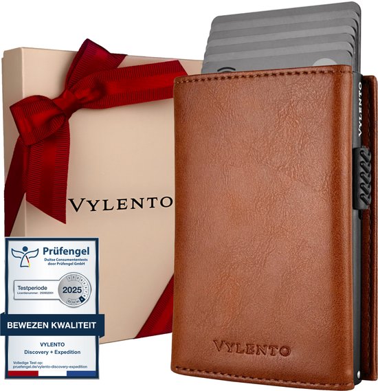 Vylento Expedition - Porte-cartes extensible - Porte-cartes 12 cartes avec fermeture éclair - Porte-cartes de crédit RFID - Portefeuille - Coffret cadeau de Luxe - Marron