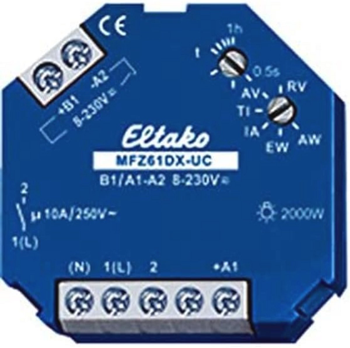 Multifunctioneel tijdrelais 230V - Tijdbereik 0,5 s tot 1 uur, Blauw, 6 x 9 x 2 cm