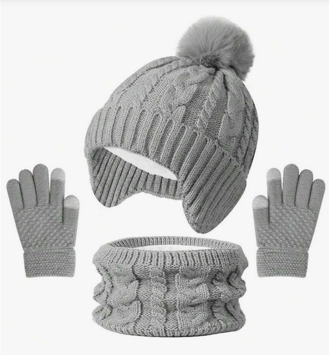 Sjtoer® - 3 Delig Winter Set - Grijs - Gevoerd - Kinder Winter Muts - Col - Handschoenen - Warme gebreide wintermuts - kinder winterset - Touchscreen handschoen - Sjaal - Winteraccessoires voor meisjes jongens - 3-8 jaar oud - skiën