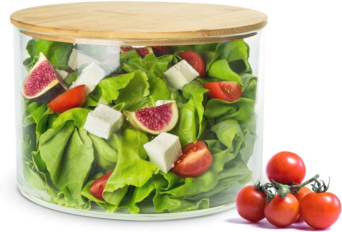 Saladeschaal met Houten Deksel - 20 cm Glazen Kom voor Snacks en Fruit