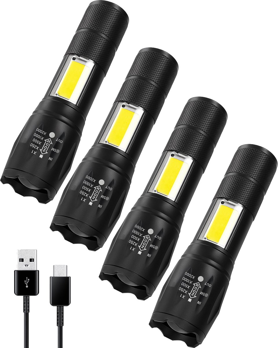 ODESSEY Zaklamp LED Oplaadbaar - 4-Pack - COB-Verlichting - met Polsband - Militaire Zaklamp - Zaklampen - Kind - Zwart