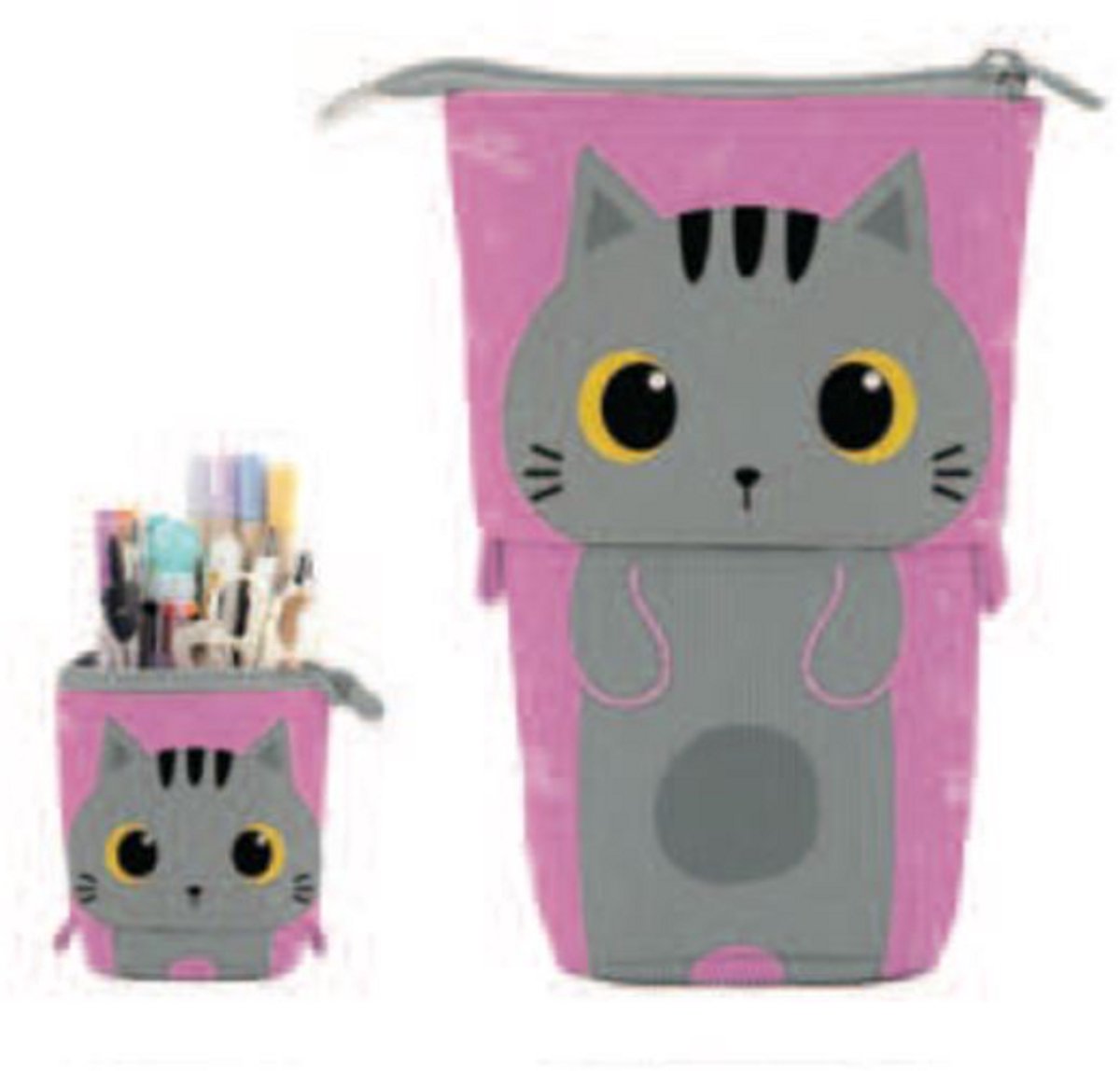 iTotal Pop-up Pecil Case GREY CAT Grijze Kat etui voor school, uitbreidbaar 13.5x6.0x19.0cm