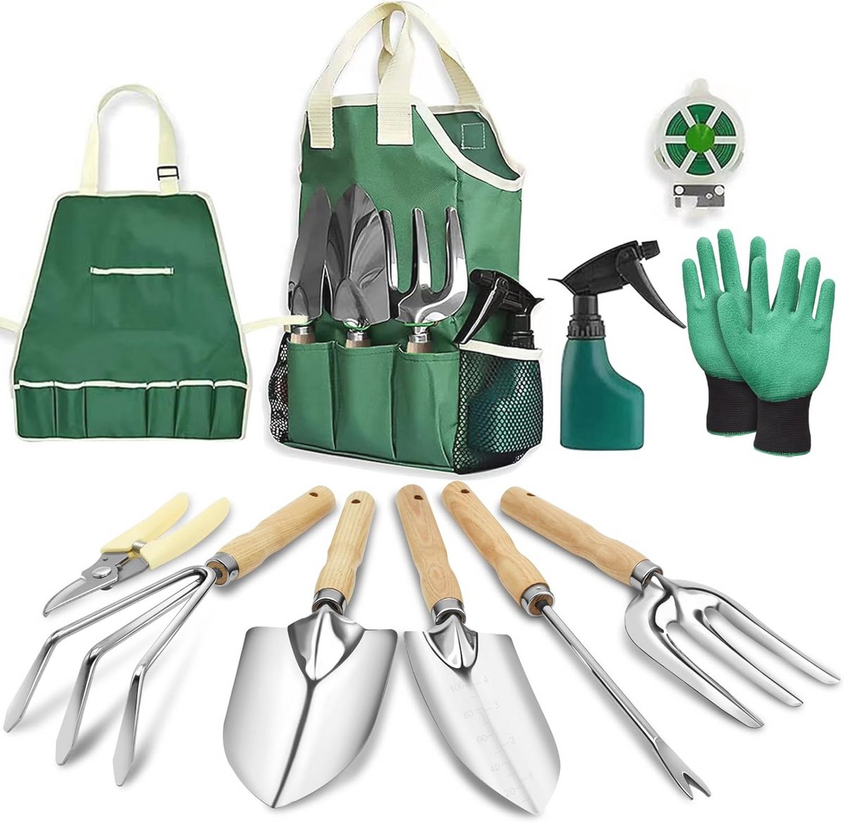 Tuingereedschapsset met 11 stuks, roestvrijstalen gereedschap met antislip houten handvat, opbergtas, tuinieren, cadeauset voor mannen en vrouwen.