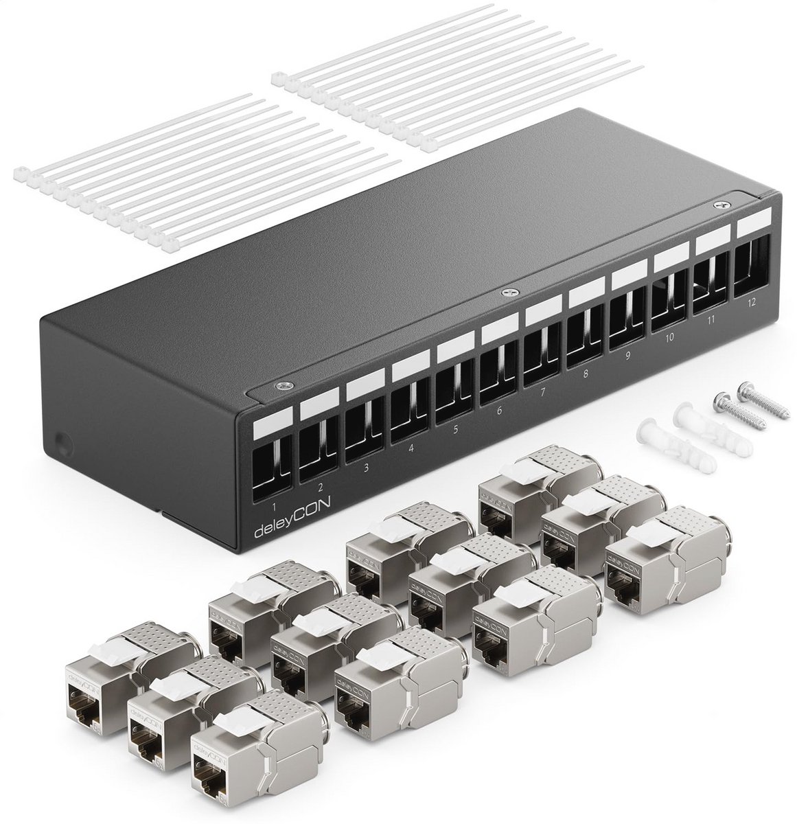 12-Poorts Patchpaneel met RJ45 Keystone Jacks - Zwart - Geschikt voor CAT5, CAT6, CAT6a, CAT7 Netwerkkabels
