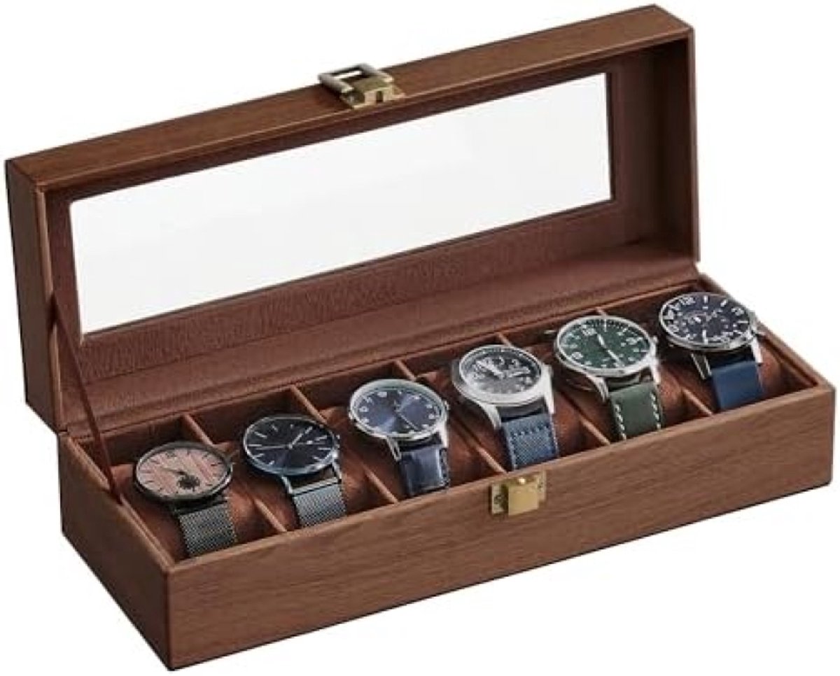 PromoHome Horloge Opbergdoos met 6 Vakken en Glazen Deksel - Bruin Vintage Design