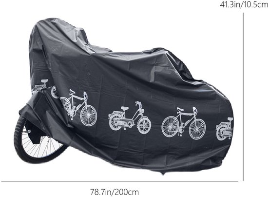 Zwarte fietshoes met witte fietsafbeeldingen, met afmetingen 200cm x 10.5cm.