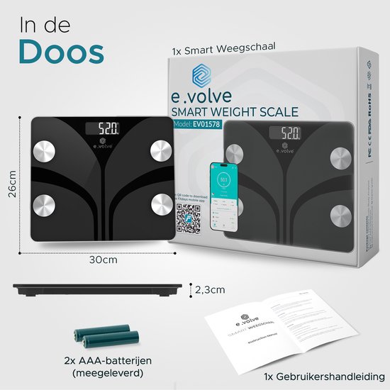 e.volve S5 Weegschaal Personenweegschaal Digitaal - Slimme Weegschaal met 20x Lichaamsanalyse - Digitale Weegschaal - Incl. App - Zwart