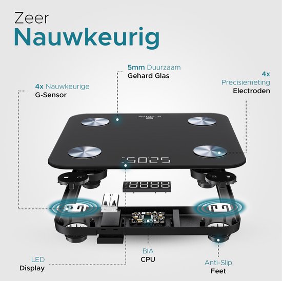 e.volve S5x Weegschaal Personenweegschaal Digitaal - Slimme Weegschaal met 20x Lichaamsanalyse - Digitale Weegschaal - Incl. App - Zwart