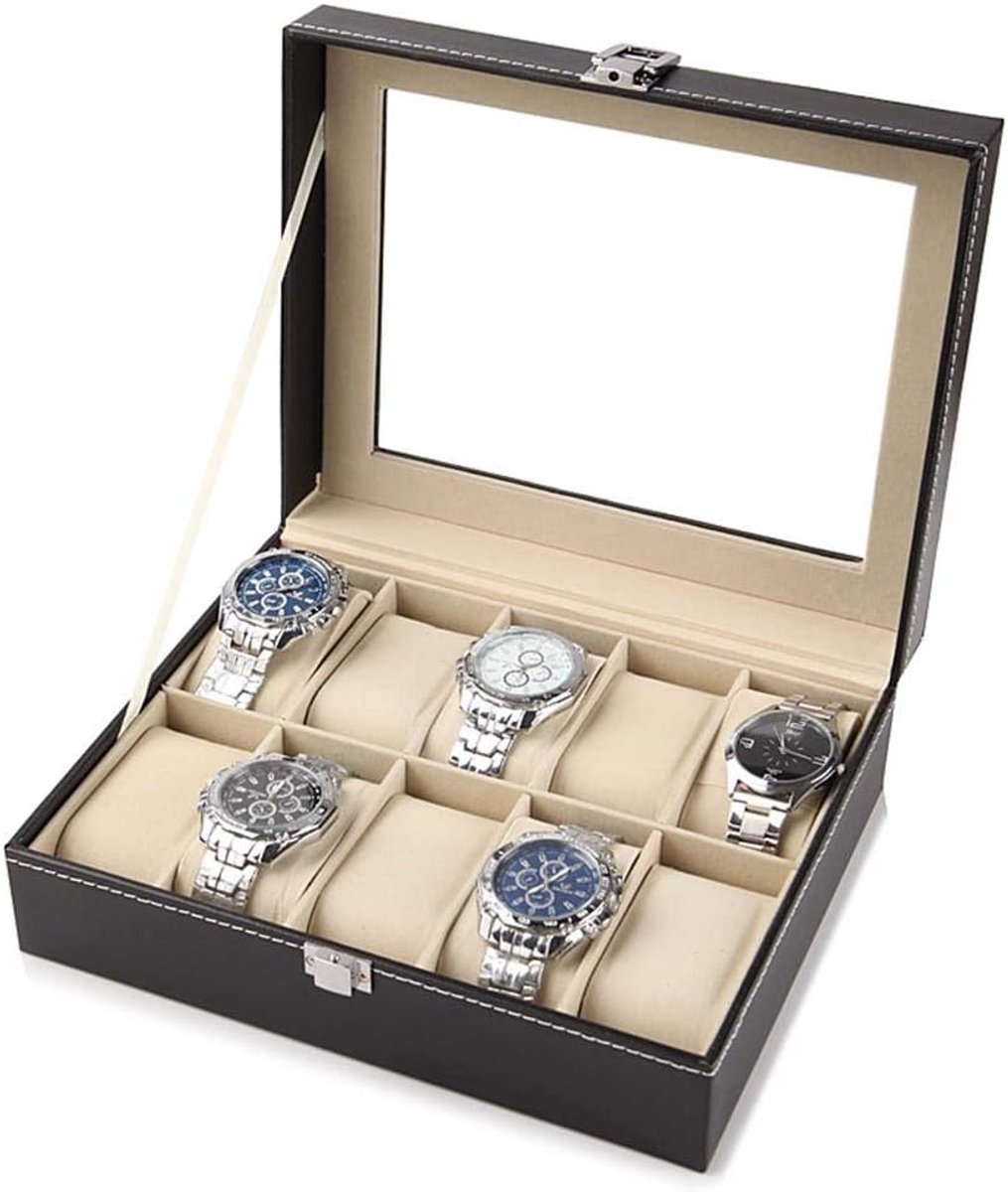 Watch Box met Deksel - Opbergdoos voor 10 Horloges - PU Leren Horloge Box voor Mannen - Zwart - 25 * 20 * 8cm