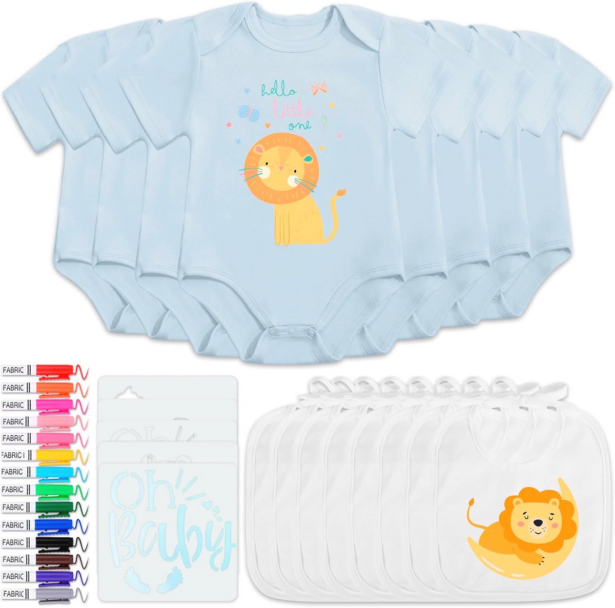 16 Slabbetjes en Rompertjes voor Creatieve Baby's – Compleet met Textielstiften en Sjablonen