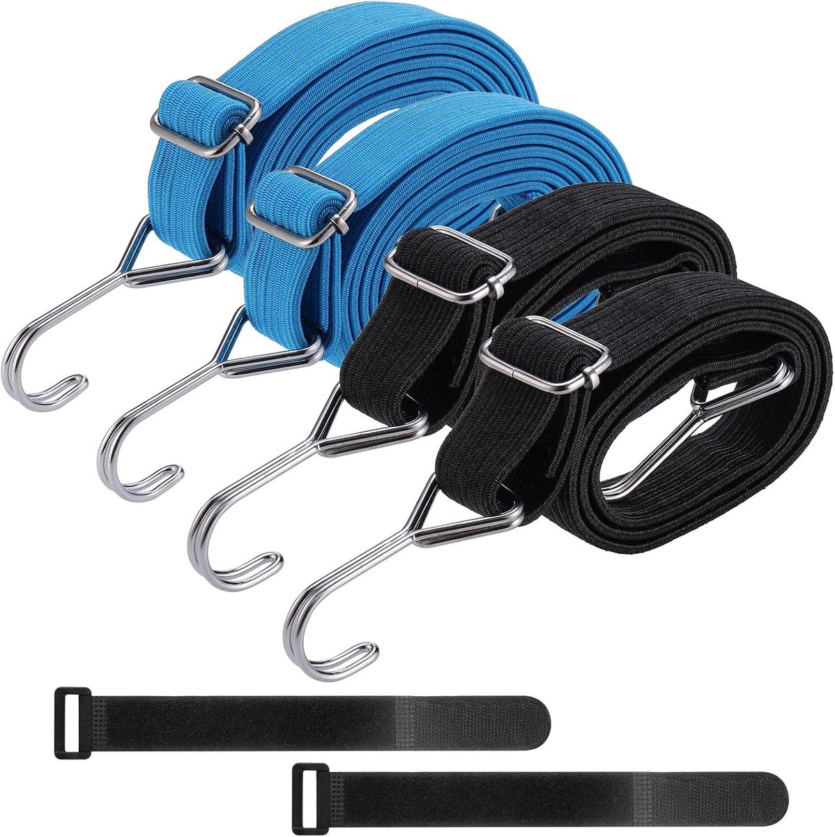 Tension Rubber with Hooks - Set van 4 Expanders - 1 m en 2 m - Verstelbare Bagagetensioner - Extra Sterke Straps met Haak voor Vervoer - Camping - Cargo Bescherming - Blauw en Zwart