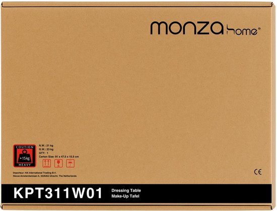 Kartonnen verpakking van een witte kaptafel van Monza Home, met productinformatie.