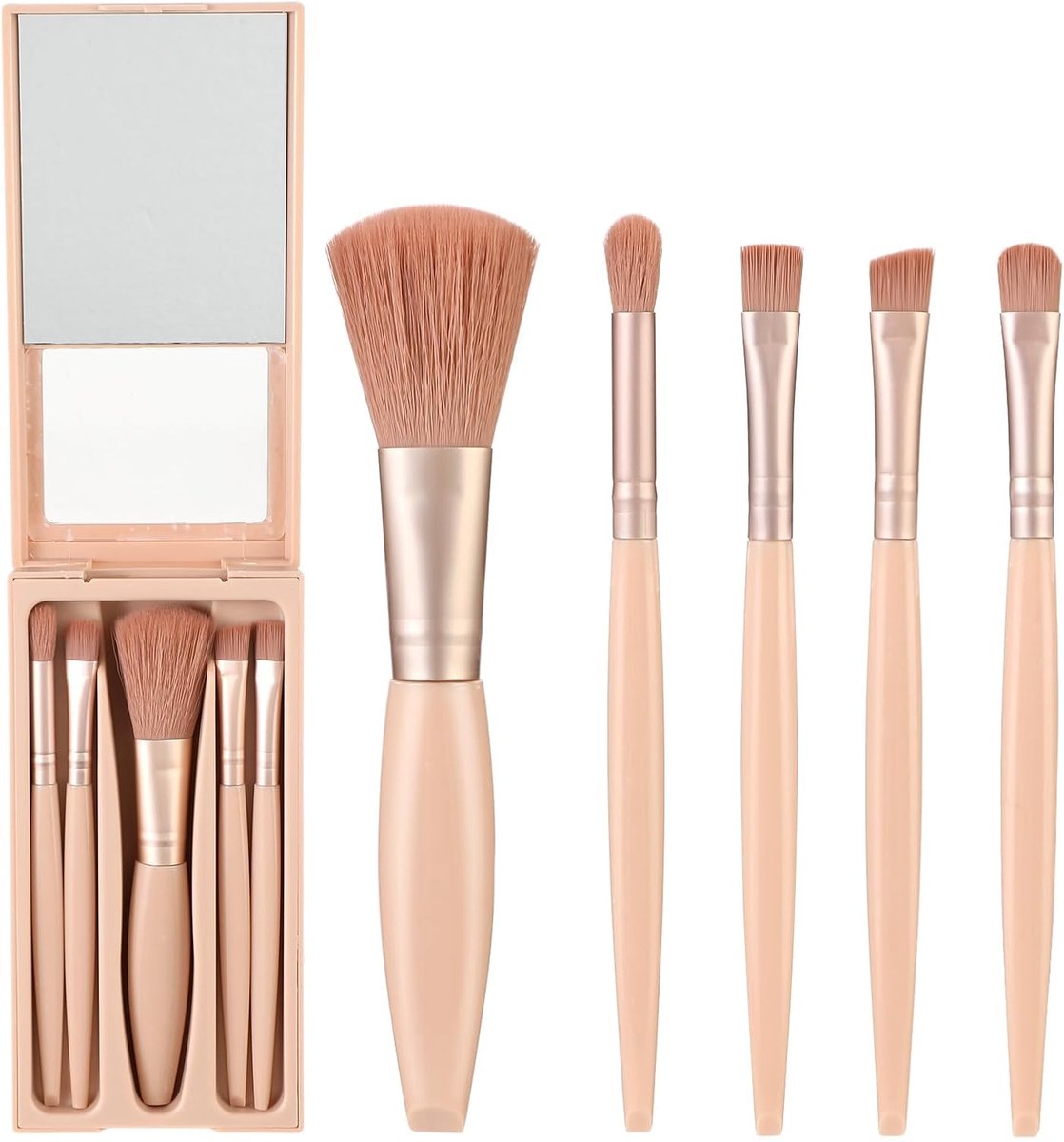 Set van 5 Professionele Makeup Borstels met Spiegel voor Foundation - Oogschaduw - Apricot