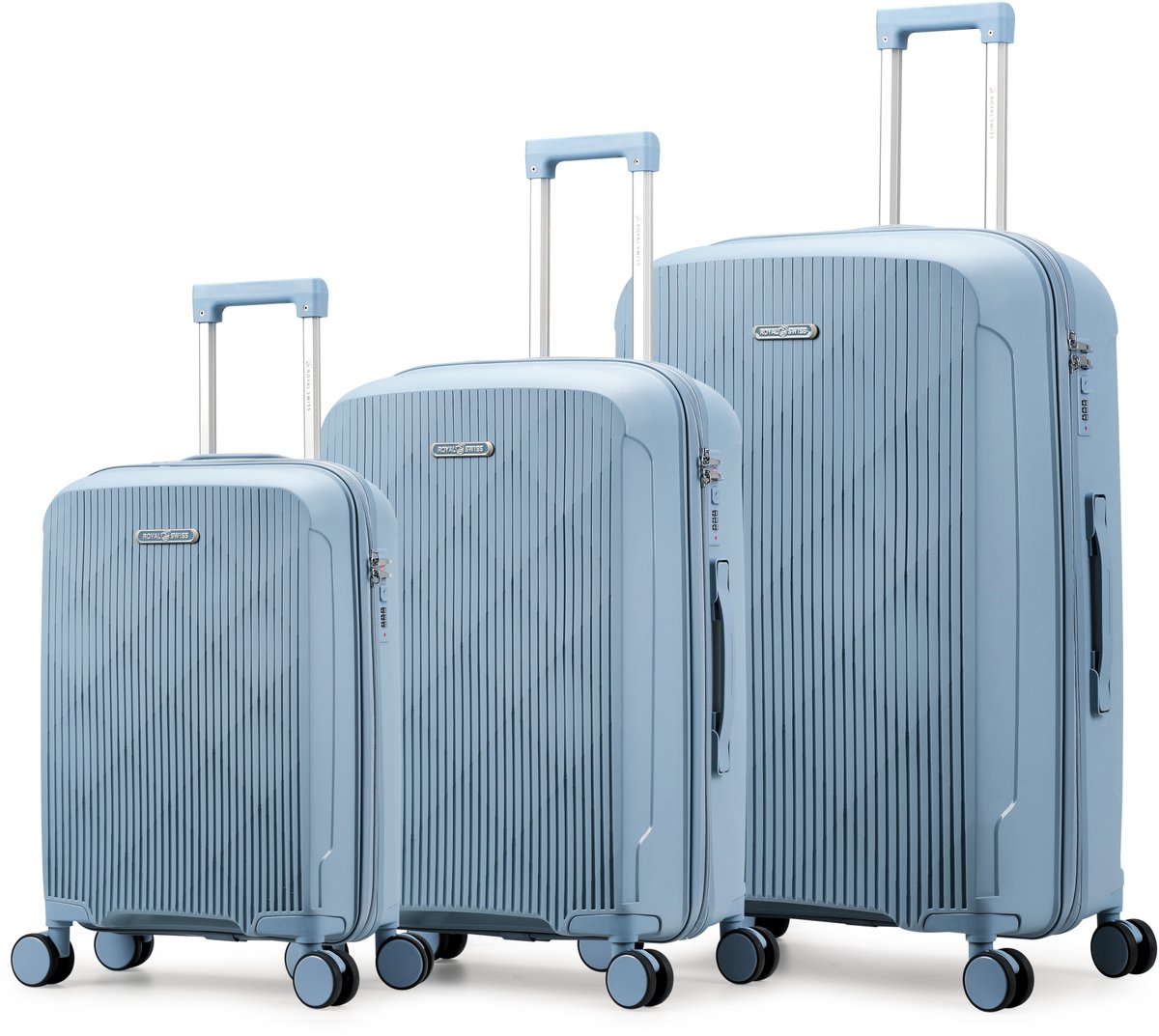 Royal Swiss® Kofferset 3-Delig – PP Hardcase – 20/24/28 inch – Lichtgewicht & Krasbestendig – 360° Wielen – TSA Slot – Lichtblauw