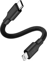Korte oplaadkabel geschikt voor iPhone 14 13 12 11 x xr xs plus pro max - Lightning naar usb C - Oplader kabel - 30 cm kort - Stevig nylon - Zwart
