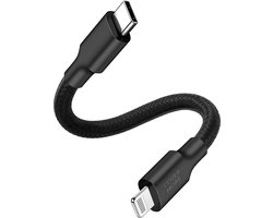 Korte oplaadkabel geschikt voor iPhone 14 13 12 11 x xr xs plus pro max - Lightning naar usb C - Oplader kabel - 30 cm kort - Stevig nylon - Zwart