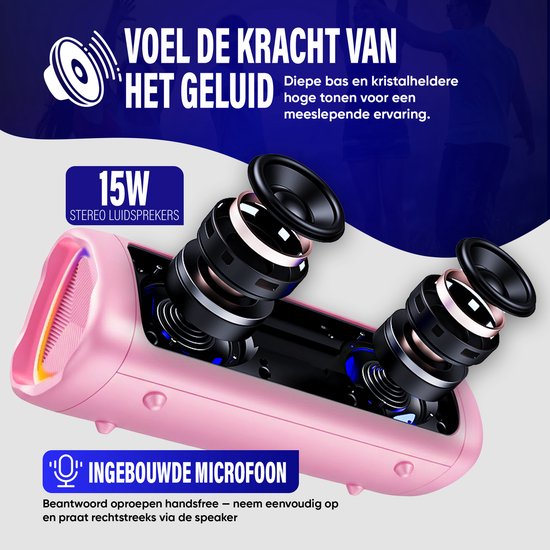 Muring Bluetooth Speaker - Muziek Box - Draadloze Speaker - Tot 20 uur Afspeeltijd - TWS Pairing - Bluetooth 5.3 - IPX5 Waterbestendig - Lichteffecten - AUX - Draagbaar - Roze van Merkloos — afbeelding 4