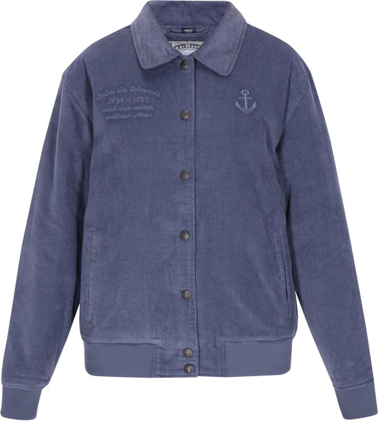 Blauw corduroy jack met kraag, knoopsluiting, ankerlogo en geborduurde tekst op de rechterborst.
