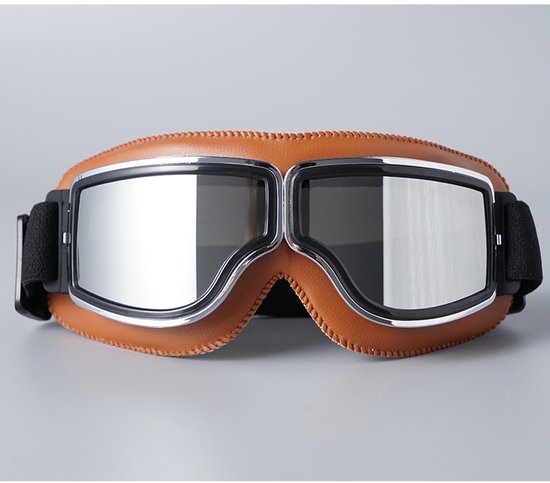 Motorbril, motorcrossbril, retro sportbril, motorbril voor heren, anti-condens, stofdicht, UV-bescherming, geschikt voor motorfiets, fiets, racen, skiën (bruin zilveren lenzen).