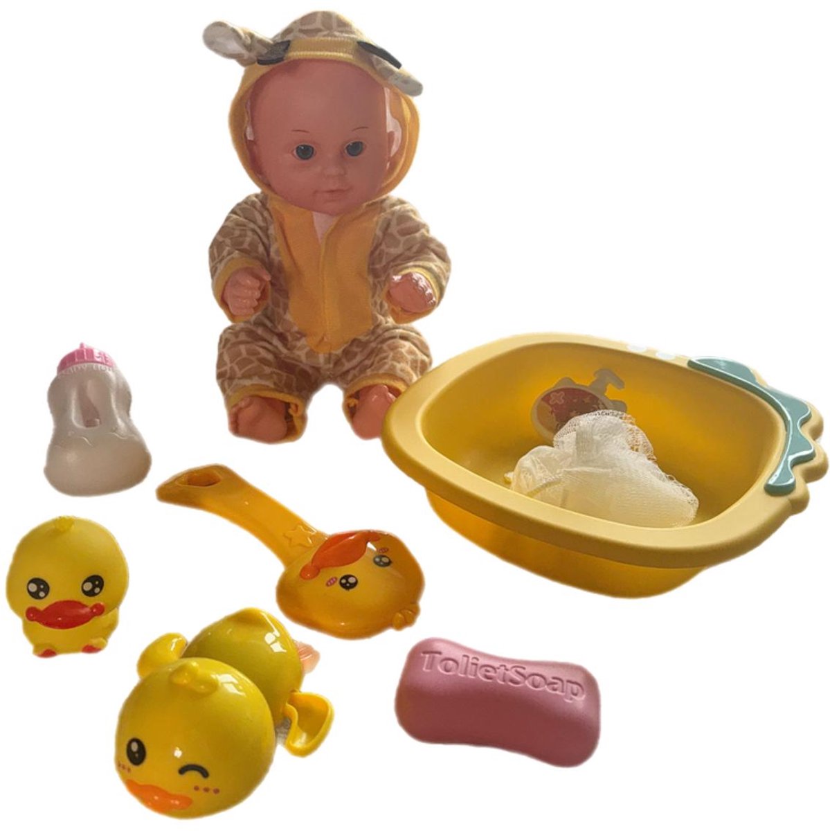 Poppenset met Giraffe onesie - 9-Delig - Babypop met drink- en plasfunctie - Inclusief badspeelgoed en accessoires