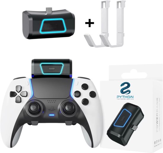 PS5 Controller Powerbank 2000mAh – draadloze oplader - Voor DualSense & DualSense Edge – Met 2 Ophanghaken voor controller en headset