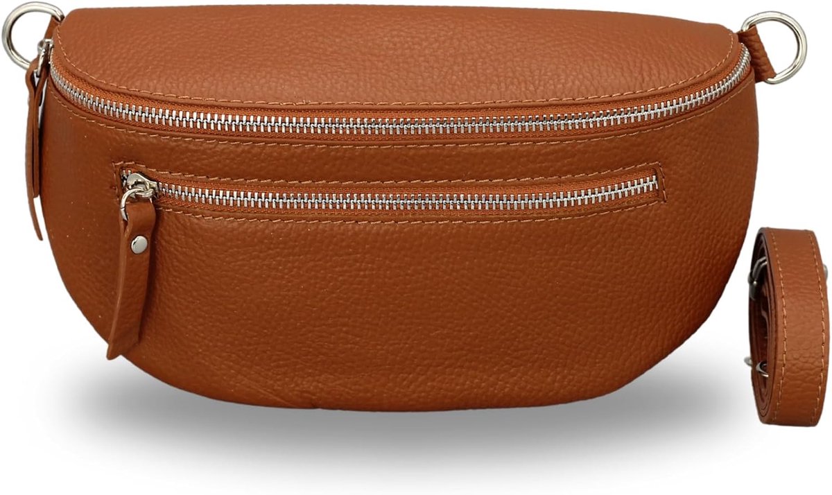 BELCHOME Lucia heuptas voor dames, handgemaakte schoudertas en crossbodytas van echt leer met leren riem en brede schouderband met patroon, 3 vakken, stijlvol, gemaakt in Italië, Cognacbruin