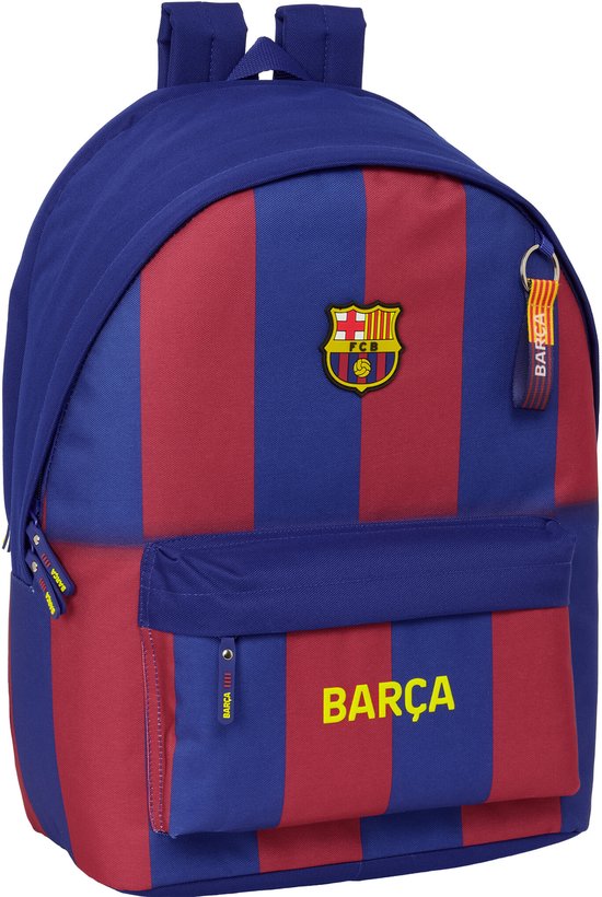 Blauwe rugzak met rode verticale strepen, FC Barcelona logo en 'Barça' op voorvak.