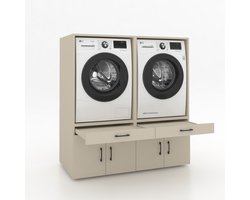 Wasmachinekast Dubbel 134x145x67cm | Ruimtebesparend & Super Stevig | Met Uitschuiflade | Voor Wasmachine en Droger | Greige