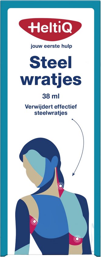 Blauwe verpakking met HeltiQ logo, tekst 'Steel wratjes' en afbeelding van een vrouw met stippen op nek en borst.