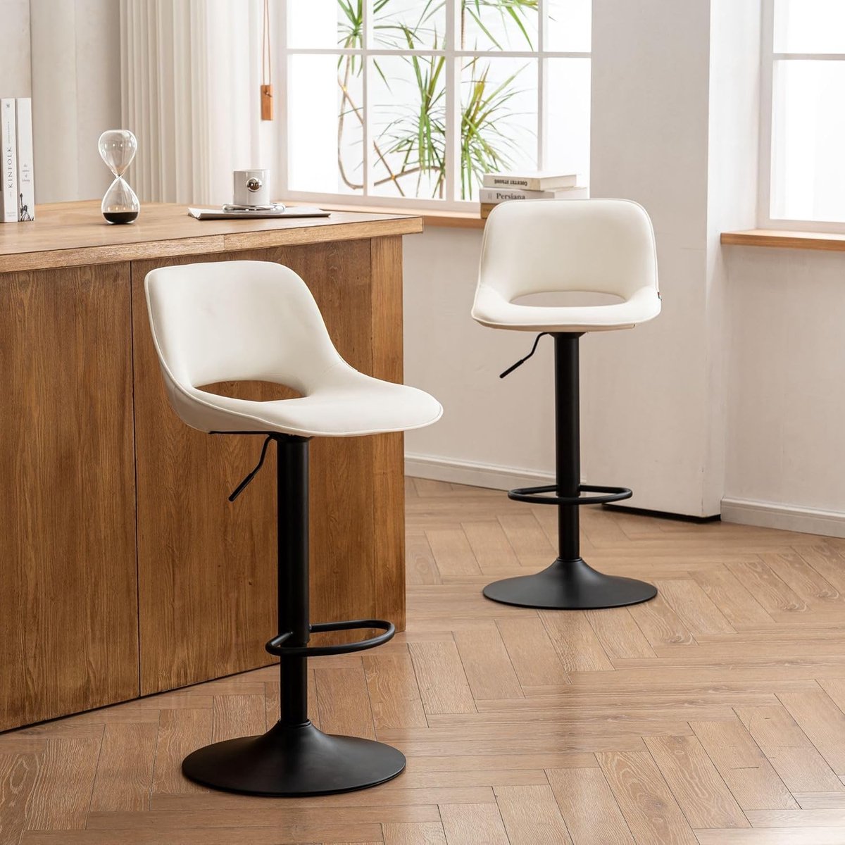 Barkruk set van 2 verstelbaar 44x49x80 cm – Draaibare barstoelen met holle rugleuning, ergonomisch kunstleer, 360° draaistoel voor keuken & bar –Wit – Altameubel