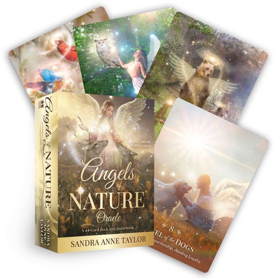 Boek kaarten met engelen, dieren en de tekst 'Angels of Nature Oracle'.