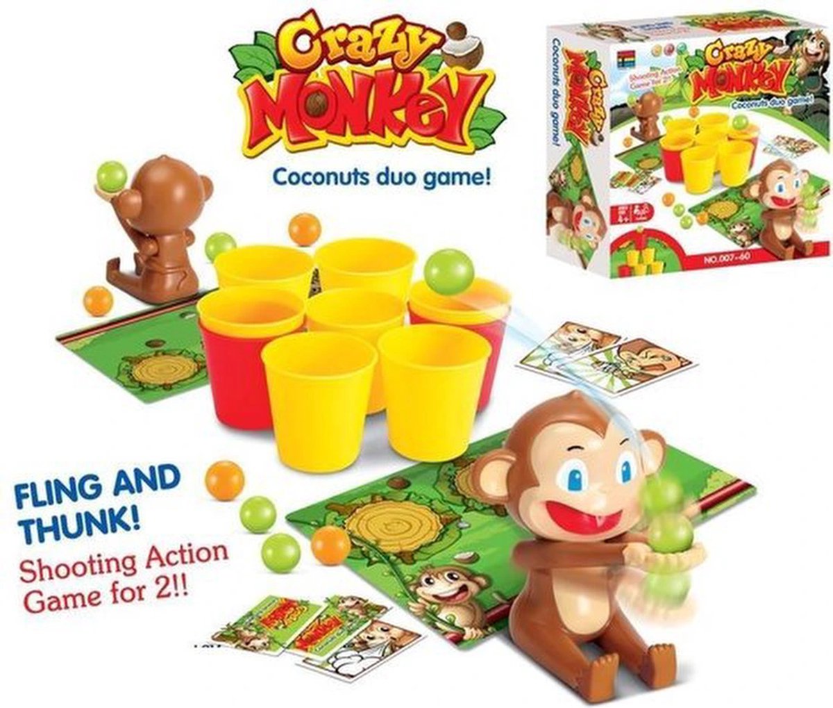 Crazy Monkey - Katapult spel - Kokosnoten en glazen - 16 stuks - Kleurrijke apen en magische kaarten