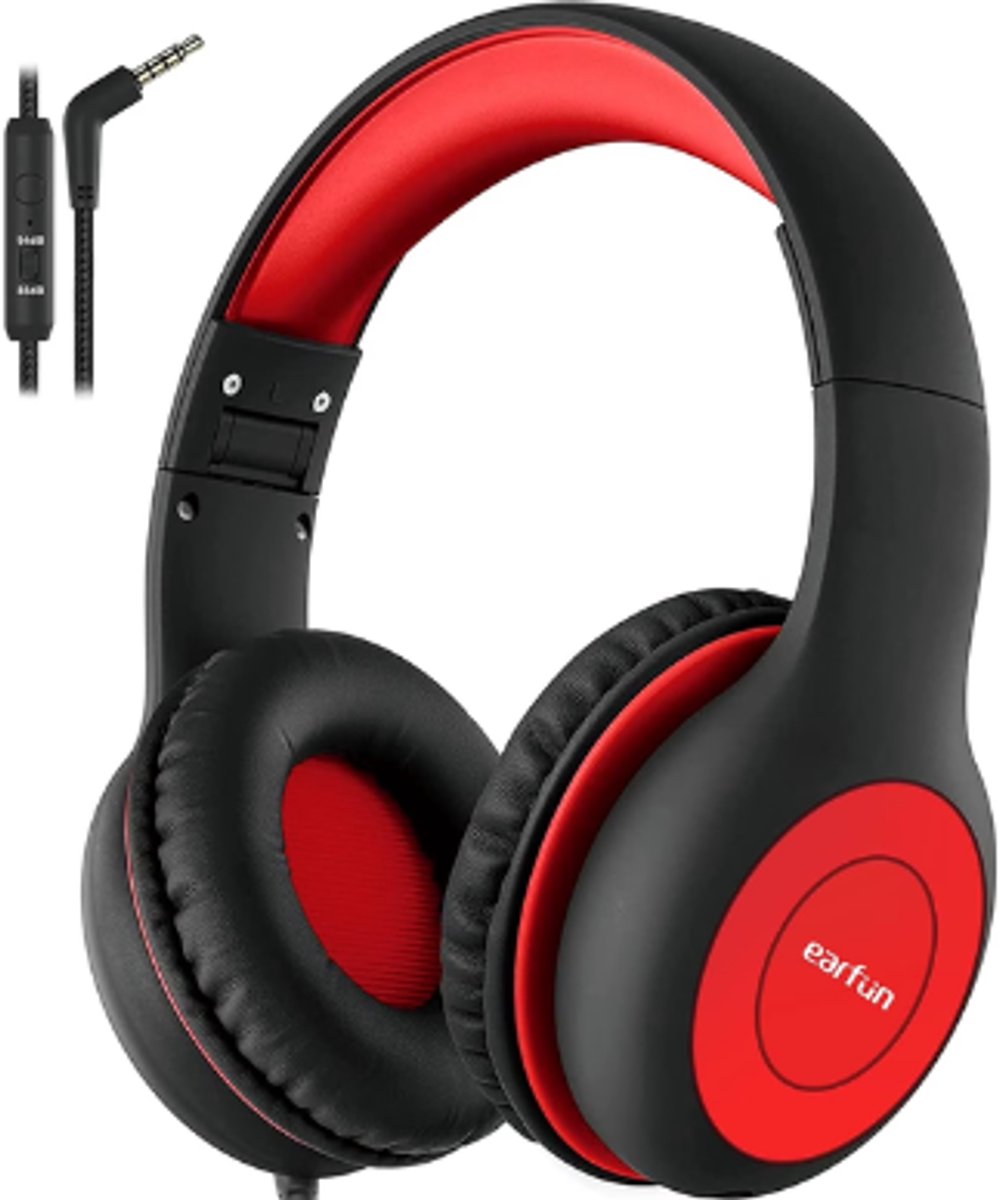 EarFun K1 Kids - Bedrade Kinderkoptelefoon - 85 dB Volumebegrenzing - Microfoon - Opvouwbaar - Zwart-Rood