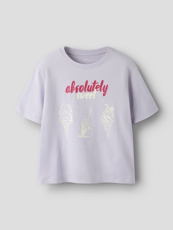 Lichtpaarse meisjes T-shirt met opdruk van drie ijshoorntjes en tekst 'absolutely sweet'.