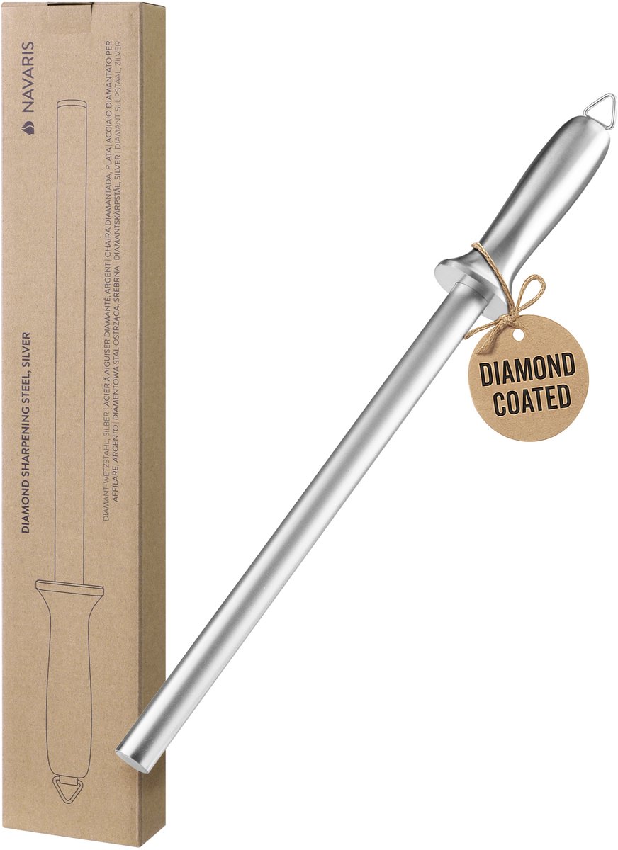 Navaris Roestvrijstalen Messenslijper 31 cm - Met houten handvat - Slijpstaaf Ovaal - Professionele Aanzetstaal Diamant - Voor Vlijmscherpe Messen