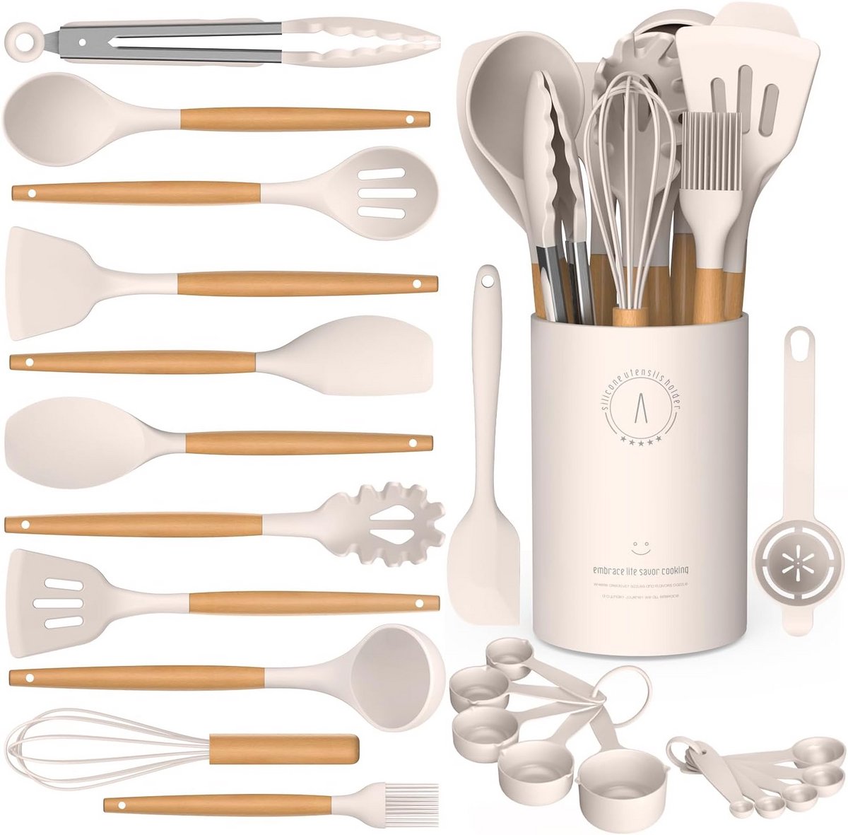 Complete siliconen kookgerei set met houten handgrepen en hittebestendige spatels