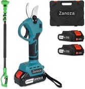 Blauwe snoeischaar met groene telescoopsteel, twee accu's en zwarte opbergkoffer.