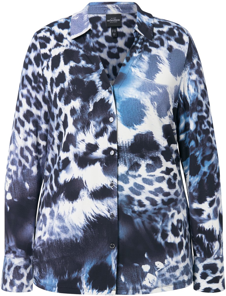 Ulla Popken - Dames - Jersey blouse luipaardpatroon overhemdkraag lange mouwen - Zwart - Maat 58+