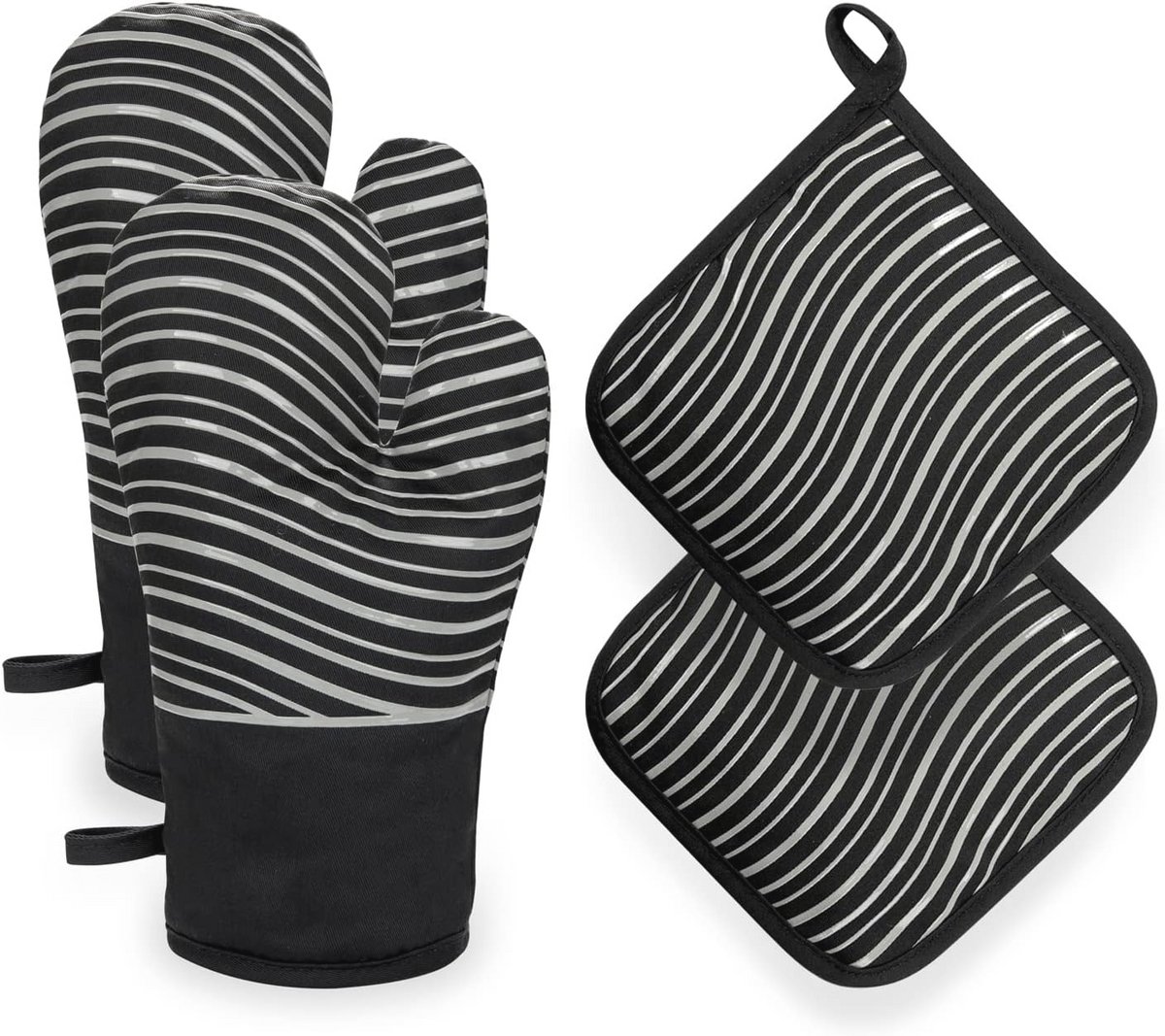 Hittebestendige Ovenhandschoenen en Pothouders Set met Anti-slip Silicone Strips voor Keuken en BBQ