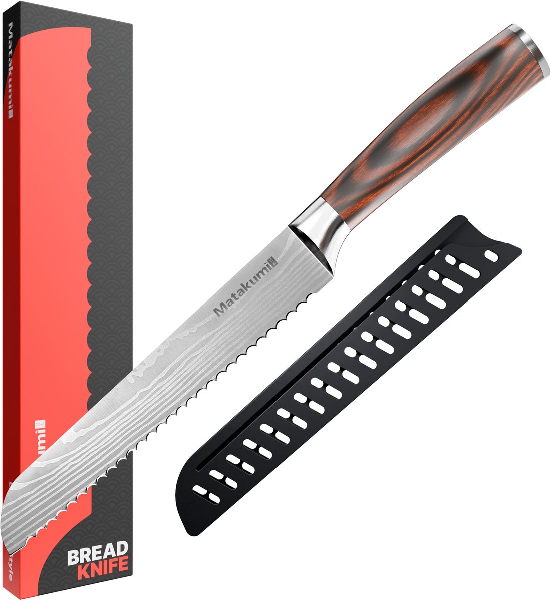 Matakumi Broodmes met Damascus Print - Japanese style Broodmes Gekarteld - keukenmes - Keukenmes - Japanse Messen - Broodmessen