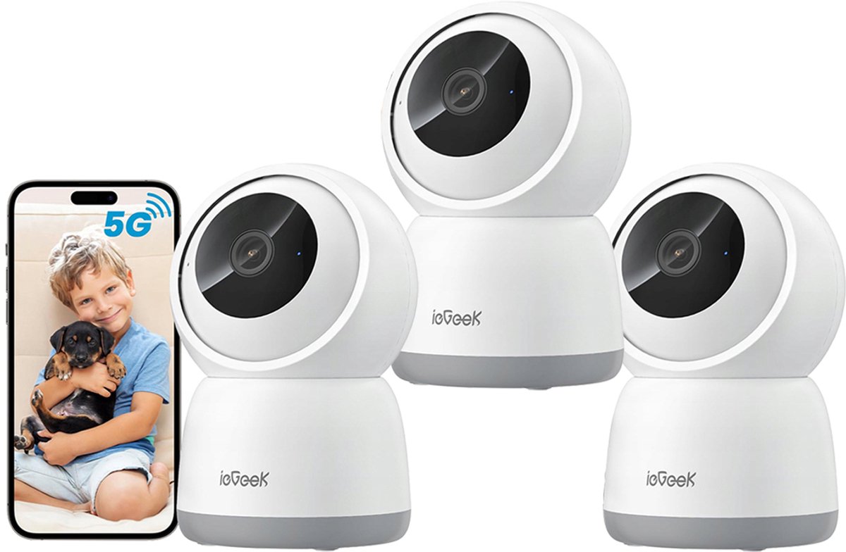 ieGeek SC1 Pro Beveiligingscamera binnen - 5MP Ultra HD - Huisdiercamera met app - Beveiligingscamera's - Wifi Camera APP - Volgt beweging en geluidsdetectie - Bewakingscamera - 2.4/5 GHz - Wit - 3 Stuks