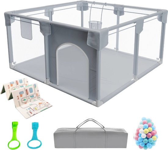 MosyMillie Boîte de sol - Boîte bébé - Incluant Tapis de jeu - Boîte de sol bébé - Boîte de jeu - Boîte Kinder - 117 x 117 cm - Balles de jeu - Sac de transport - Gris clair