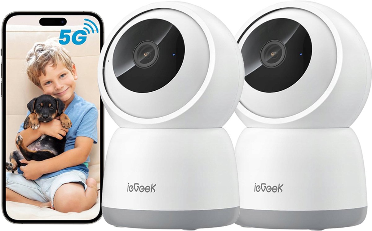ieGeek SC1 Pro Beveiligingscamera binnen - 5MP Ultra HD - Huisdiercamera met app - Beveiligingscamera's - Wifi Camera APP - Volgt beweging en geluidsdetectie - Bewakingscamera - 2.4/5 GHz - Wit - 2 Stuks