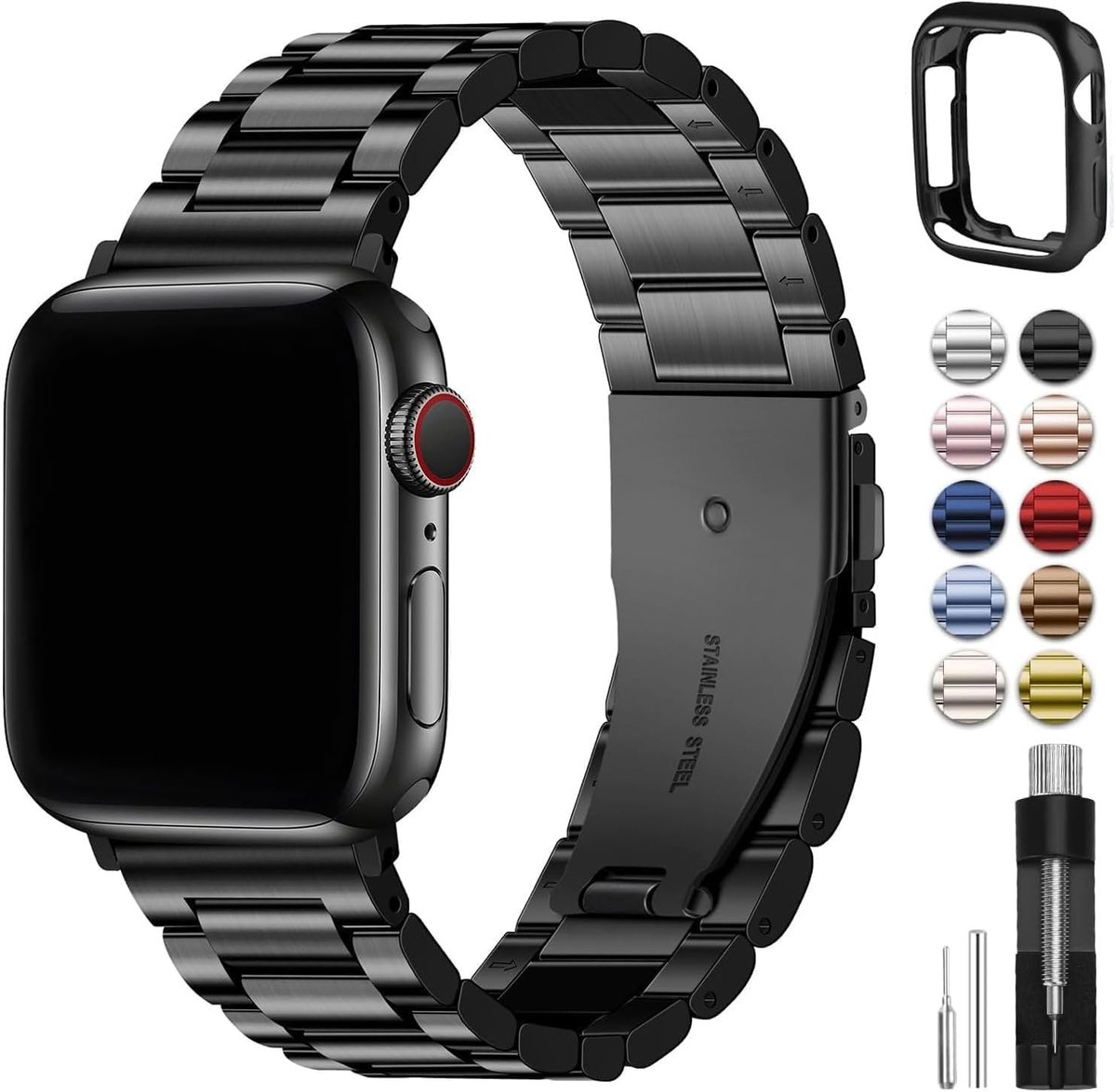 Zandarix Geschikt voor Apple Watch 45/44/42mm - Apple Watch Band Roestvrij Staal horlogeband - Zwart