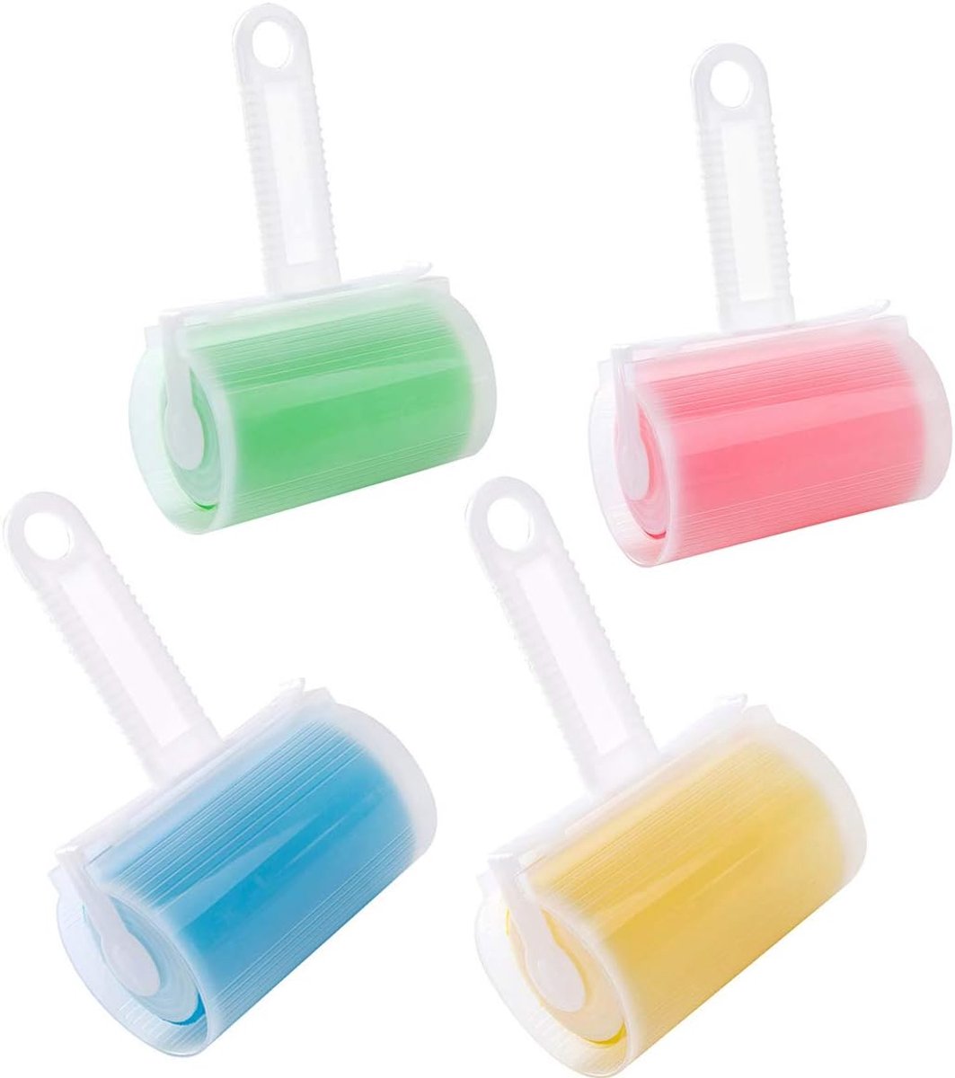 Wasbare Dierenharen Verwijderaar - 4 Stuks Herbruikbare Lint Roller met Deksel - Pluizenborstel voor Kleding en Stof - Dierenharen Verwijderen (Rood, Groen, Blauw, Geel)