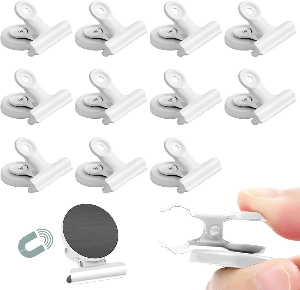 12pcs Magnetische Clips - Sterke Magneten - Clips met Klem voor Koelkast - Mededelingenbord - Kantoor - Keuken (Wit)
