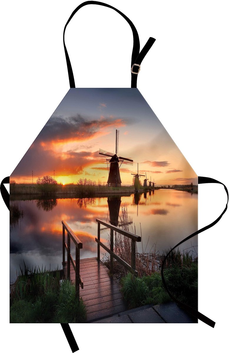 ABAKUHAUS Natuur-kookschort, landschap met Nederlandse windmolens op de achtergrond, kanaal-foto, vlek- en waterafstotende moderne druktechniek, oranje/blauw