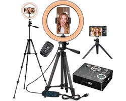 Studio ME Ringlamp met Statief 10 inch - Zwart - Ring Light - 30 Lichtstanden - Incl. Afstandsbediening & Mini Tripod - Ringlight - Ringlampen